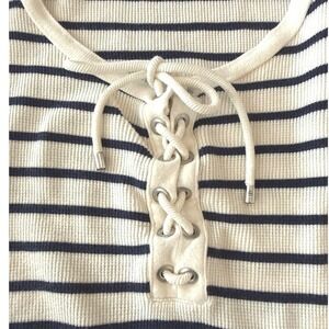 Lauren Ralph Lauren Striped Waffle Knit Lace Up Puff Sleeve Top XL Navy White